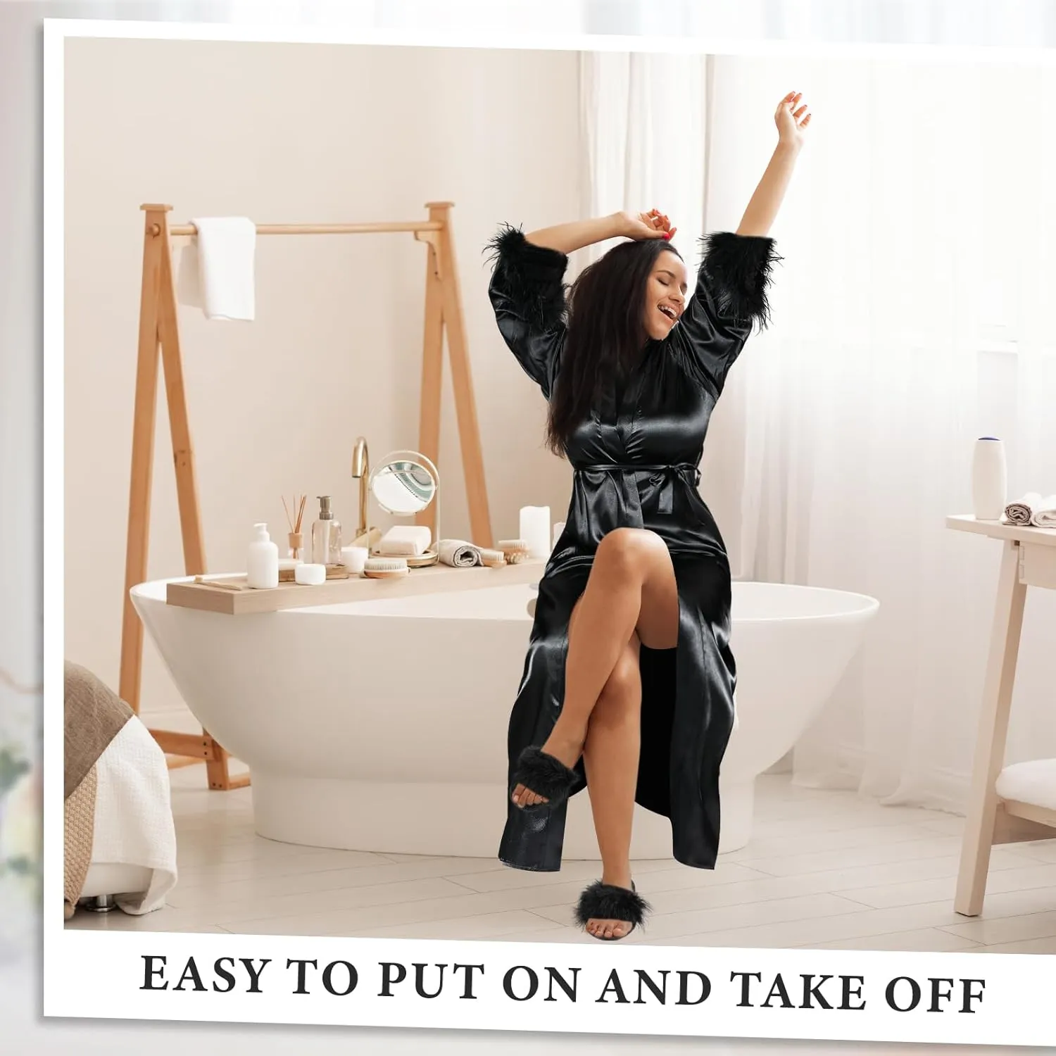 2 Pcs Satin Feather Robe and Fuzzy Slippers Bride Robe Long Silk Bath Robe for Women Wedding Bridesmaid