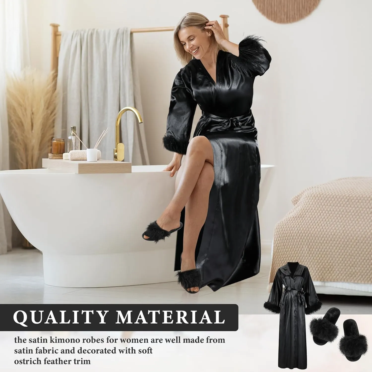 2 Pcs Satin Feather Robe and Fuzzy Slippers Bride Robe Long Silk Bath Robe for Women Wedding Bridesmaid