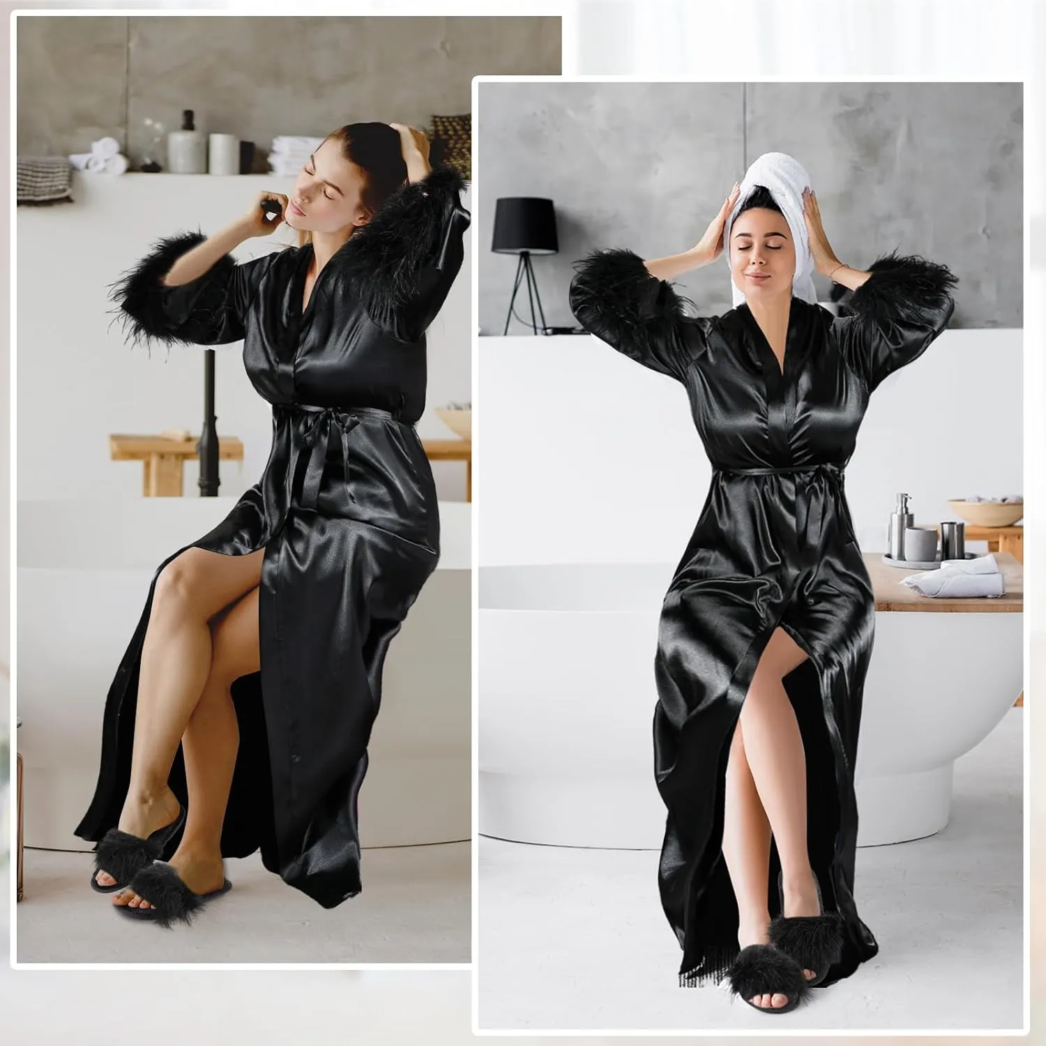 2 Pcs Satin Feather Robe and Fuzzy Slippers Bride Robe Long Silk Bath Robe for Women Wedding Bridesmaid