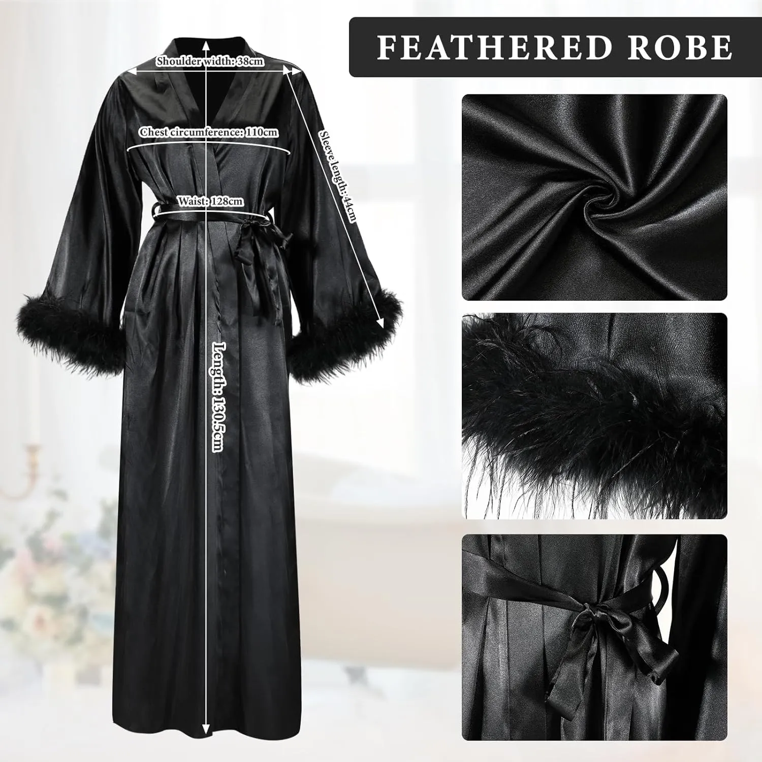 2 Pcs Satin Feather Robe and Fuzzy Slippers Bride Robe Long Silk Bath Robe for Women Wedding Bridesmaid