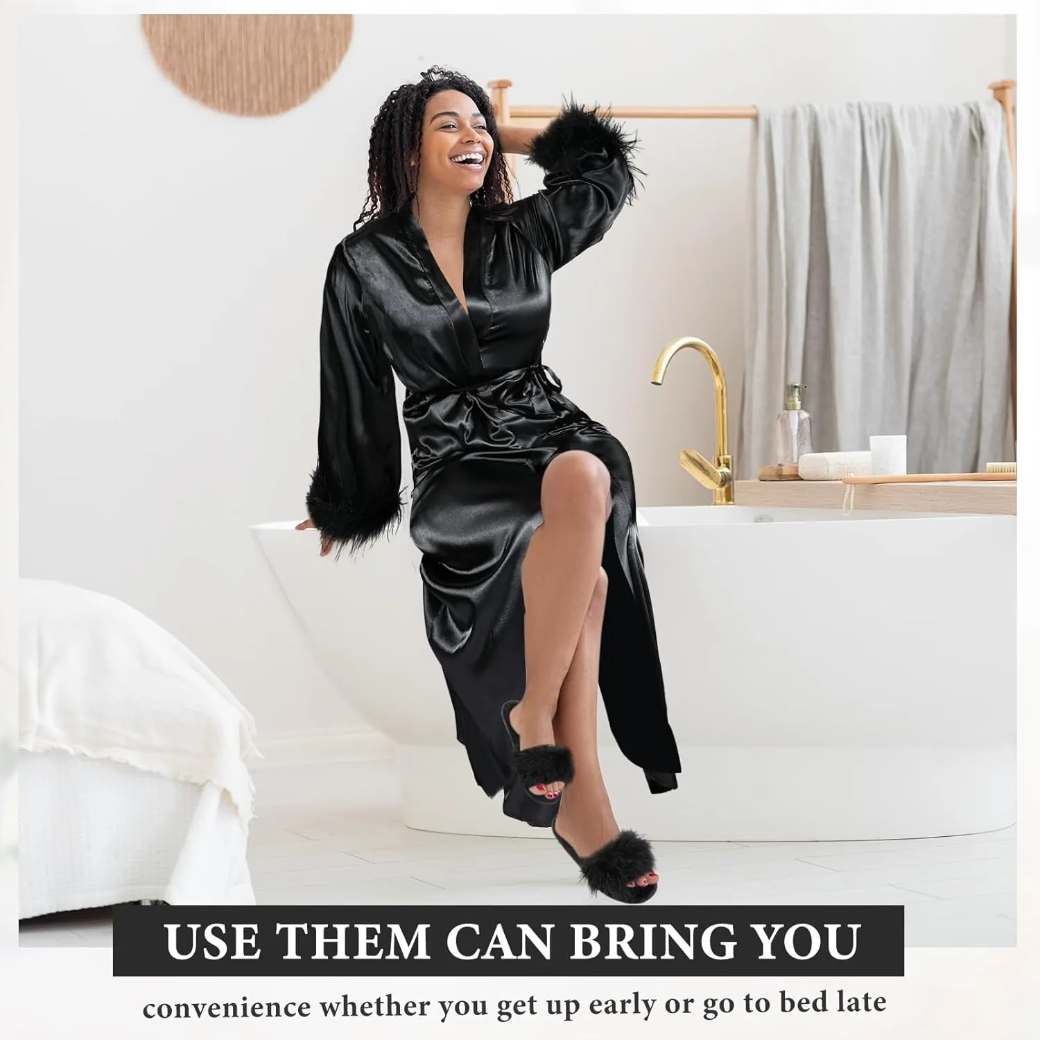 2 Pcs Satin Feather Robe and Fuzzy Slippers Bride Robe Long Silk Bath Robe for Women Wedding Bridesmaid