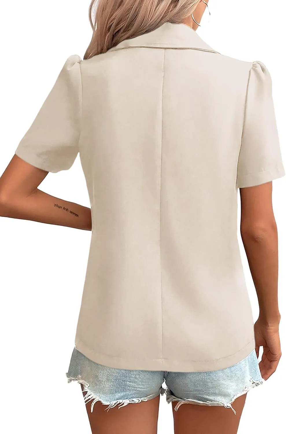 2024 Summer Womens Short Puff Sleeve Fully Lined Blazer Double Breasted Lightweight Casual Office Jackets