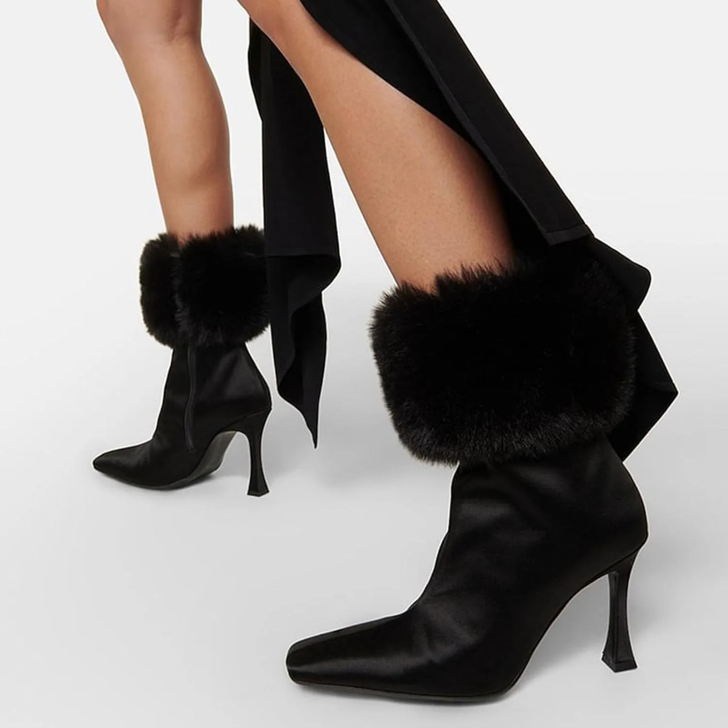 6cm Winter Large Size Stiletto Plush Short Boots Satin Ladies High Heels Simple Warm Ankle Boots