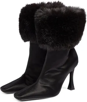6cm Winter Large Size Stiletto Plush Short Boots Satin Ladies High Heels Simple Warm Ankle Boots