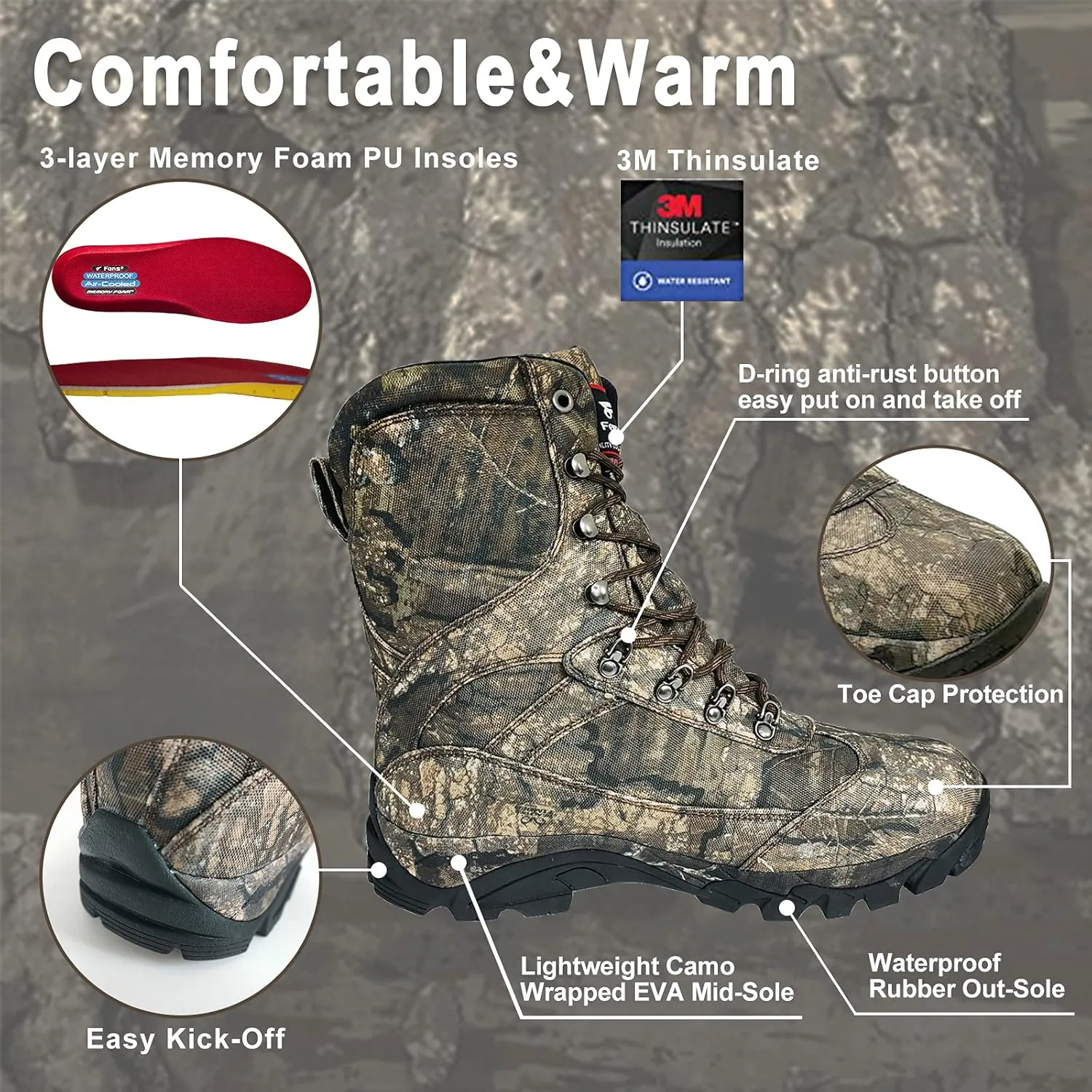 8 Fans Hunting Boots for Men,800g thinsulate Insulated Boots with Memory Foam Insole for Turkey Hunting Hiking