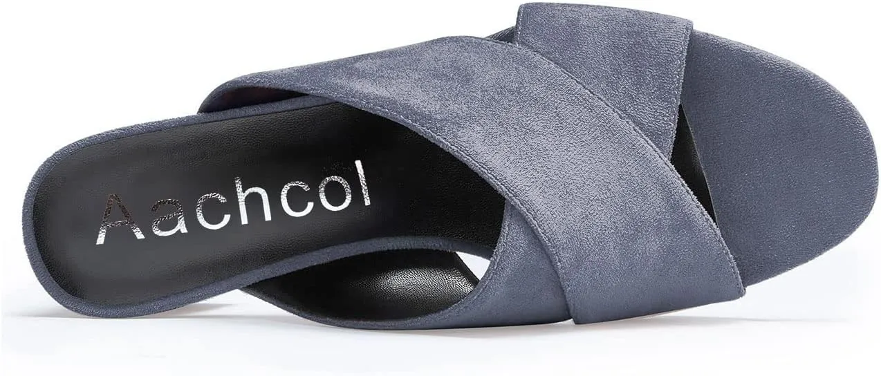 Aachcol Women Chunky Block Mid Low Heel Sandals Peep Open Toe Slip-on Dress Shoes Party Wedding Suede 2 Inch