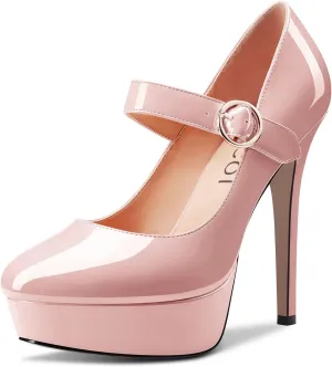 Aachcol Women Platform Pumps Mary Jane Close Round Toe Ankle Strap Stiletto High Heel Dress Shoes Pumps Party Wedding Patent 5 Inch