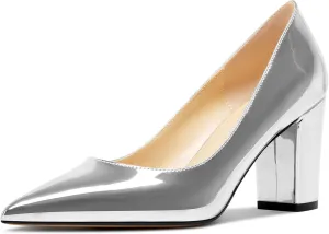 Aachcol Women Pumps Pointed Toe Slip on Mid Heel Dress Office Chunky Block Heels Shoes 3 Inches