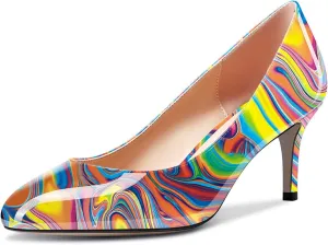 Aachcol Women Round Toe Pumps Stiletto Mid Heel Slip-on Dress Shoes Office 2.5 Inch