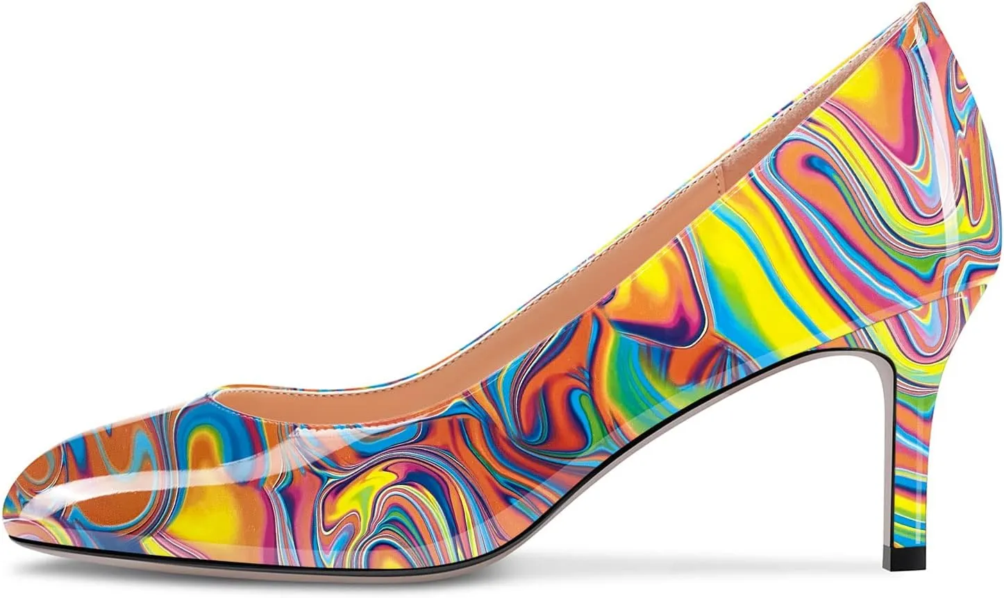 Aachcol Women Round Toe Pumps Stiletto Mid Heel Slip-on Dress Shoes Office 2.5 Inch