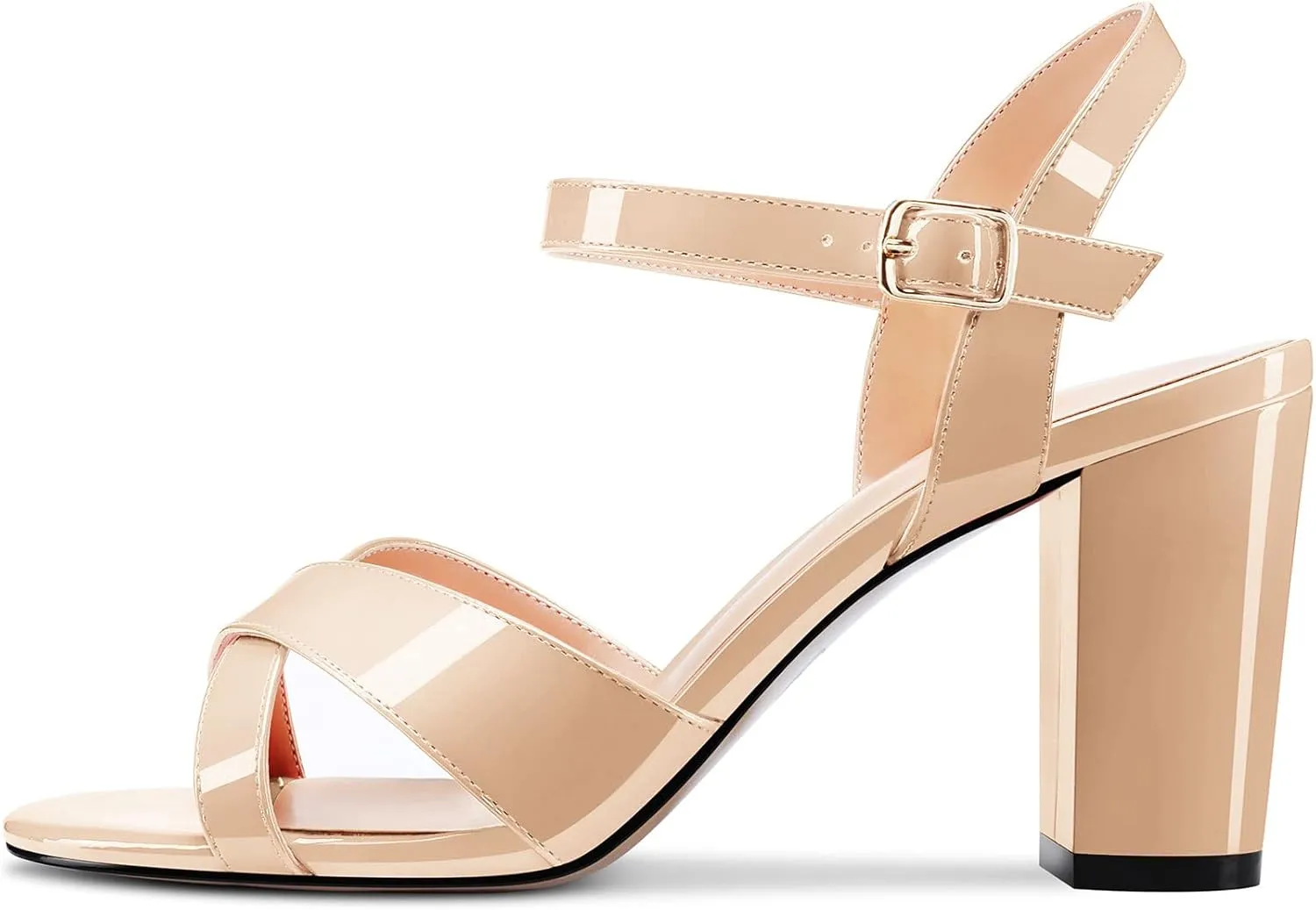 Aachcol Women Sandals Cross Peep Open Toe Ankle Strap Slingback Chunky Block High Heel Dress Shoes Patent Classic Wedding 3 Inch