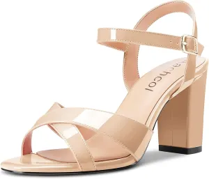 Aachcol Women Sandals Cross Peep Open Toe Ankle Strap Slingback Chunky Block High Heel Dress Shoes Patent Classic Wedding 3 Inch