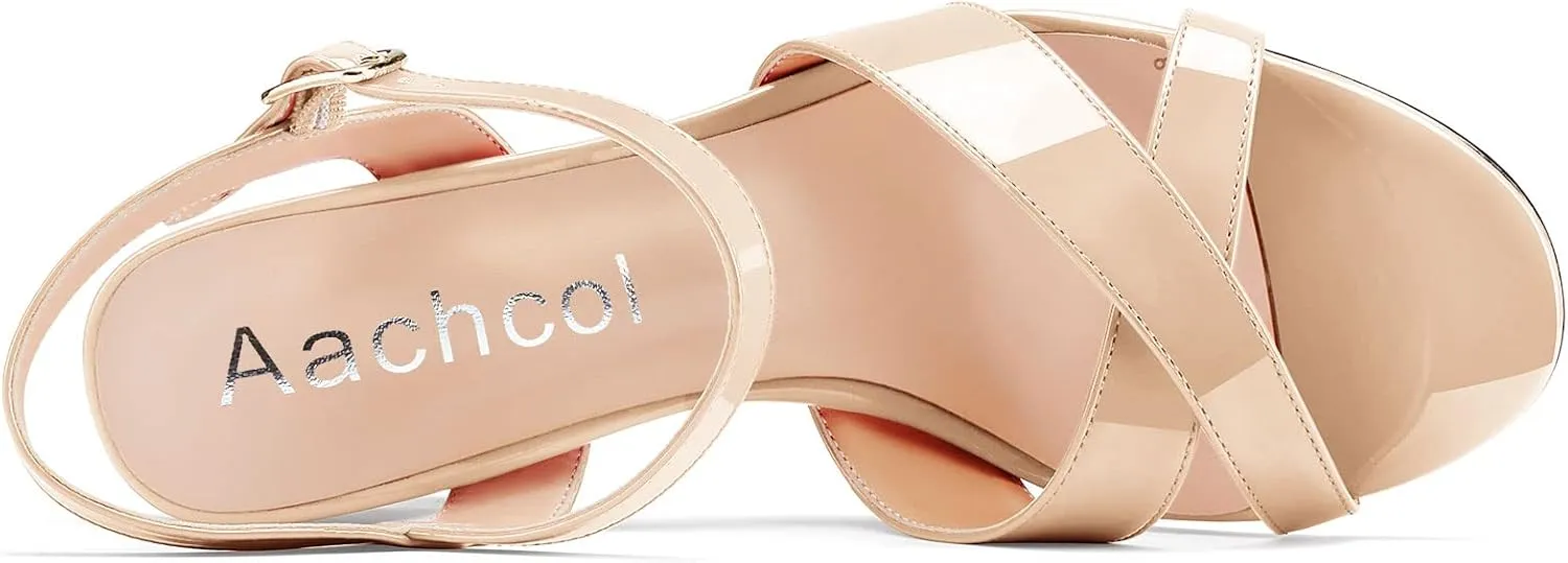 Aachcol Women Sandals Cross Peep Open Toe Ankle Strap Slingback Chunky Block High Heel Dress Shoes Patent Classic Wedding 3 Inch
