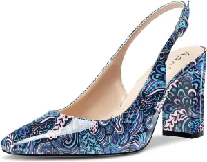 Aachcol Women Slingback Chunky Block High Heel Pumps Square Toe Ankle Strap Dress Shoes Party Office Wedding 3.5 Inch