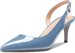 Aachcol Women Stiletto Mid Low Kitten Heel Pumps Ankle Strap Slingback Pointed Toe Dress Shoes Office Party Wedding Patent 2.5 Inch