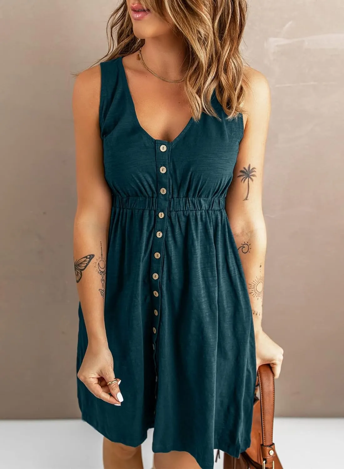 Acelitt Women Summer Casual Sleeveless Button Down Elastic Waist Swing Dresses, XS-2XL