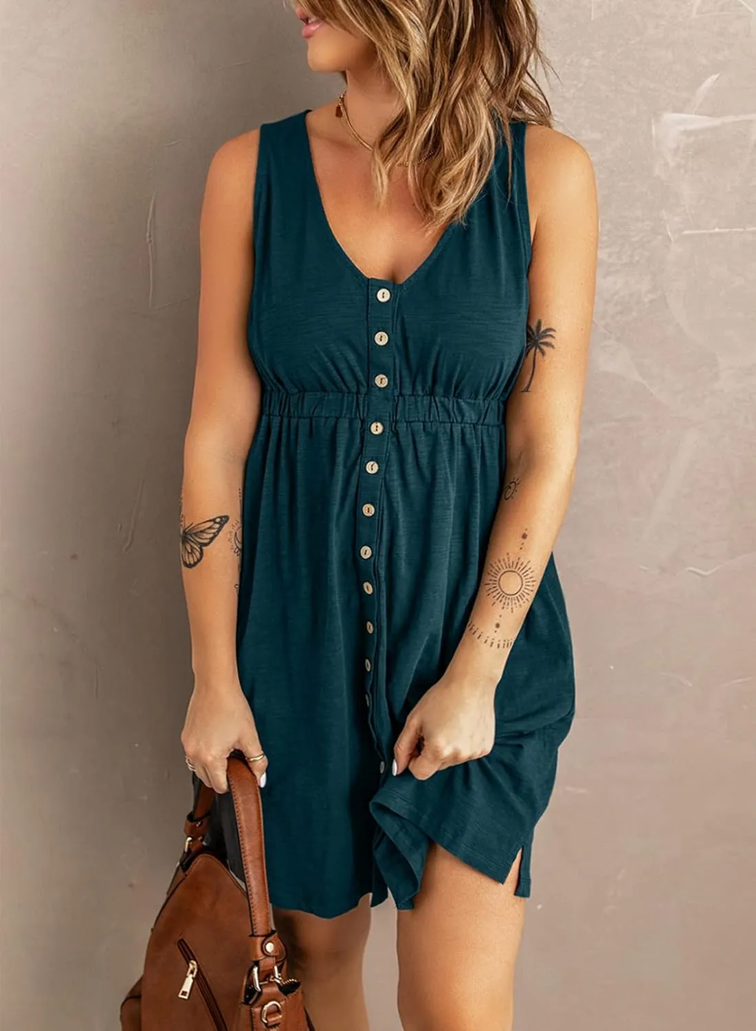 Acelitt Women Summer Casual Sleeveless Button Down Elastic Waist Swing Dresses, XS-2XL