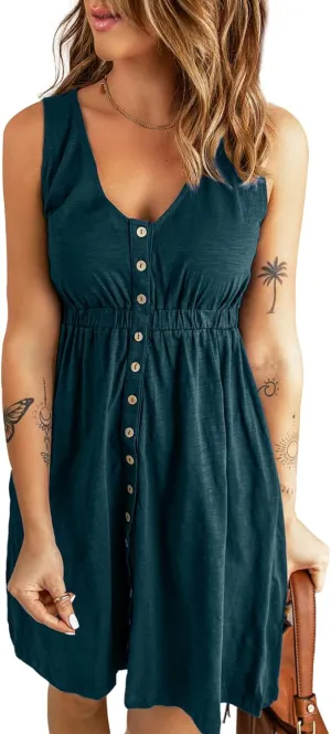 Acelitt Women Summer Casual Sleeveless Button Down Elastic Waist Swing Dresses, XS-2XL