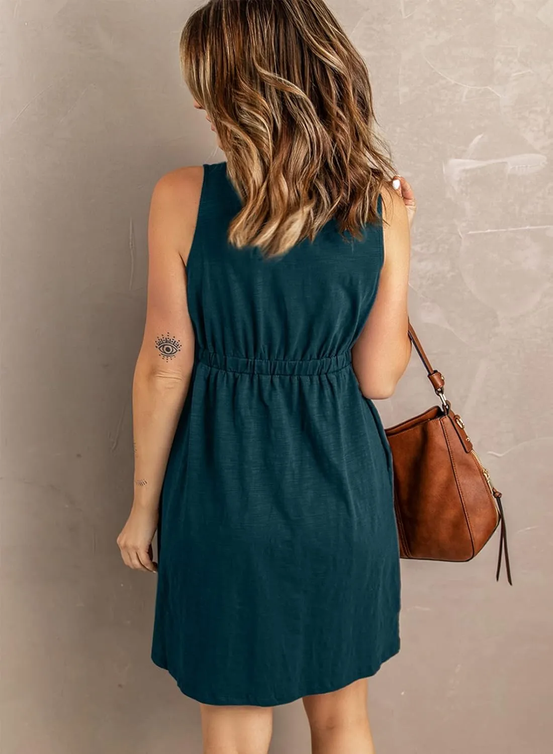 Acelitt Women Summer Casual Sleeveless Button Down Elastic Waist Swing Dresses, XS-2XL