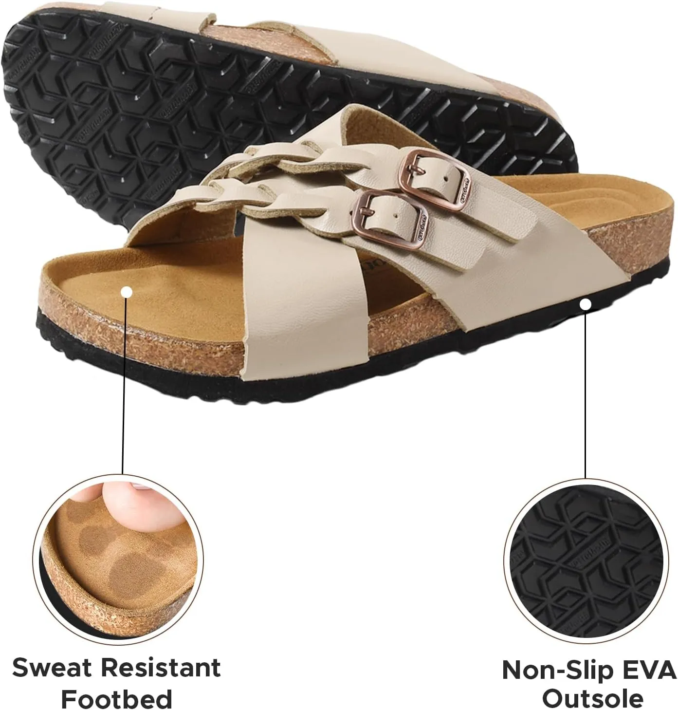 AEROTHOTIC Cork Recovery Slides for Women with Plantar Fasciitis Relief Comfortable Suede Footbed with Adjustable Buckle Cross Strappy Slip on Casual Travel Walking Beach Ladies Sandals