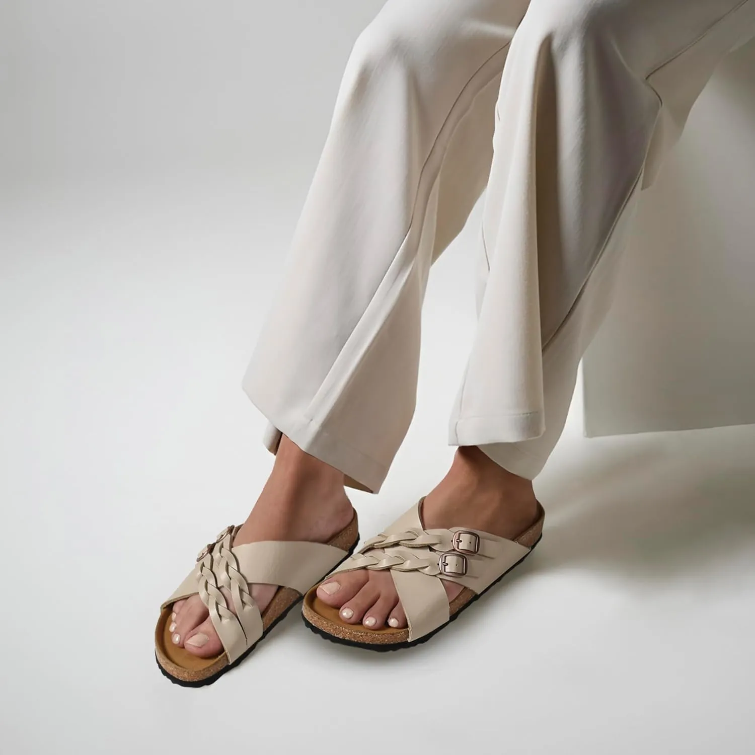 AEROTHOTIC Cork Recovery Slides for Women with Plantar Fasciitis Relief Comfortable Suede Footbed with Adjustable Buckle Cross Strappy Slip on Casual Travel Walking Beach Ladies Sandals