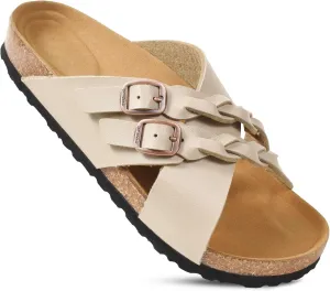 AEROTHOTIC Cork Recovery Slides for Women with Plantar Fasciitis Relief Comfortable Suede Footbed with Adjustable Buckle Cross Strappy Slip on Casual Travel Walking Beach Ladies Sandals