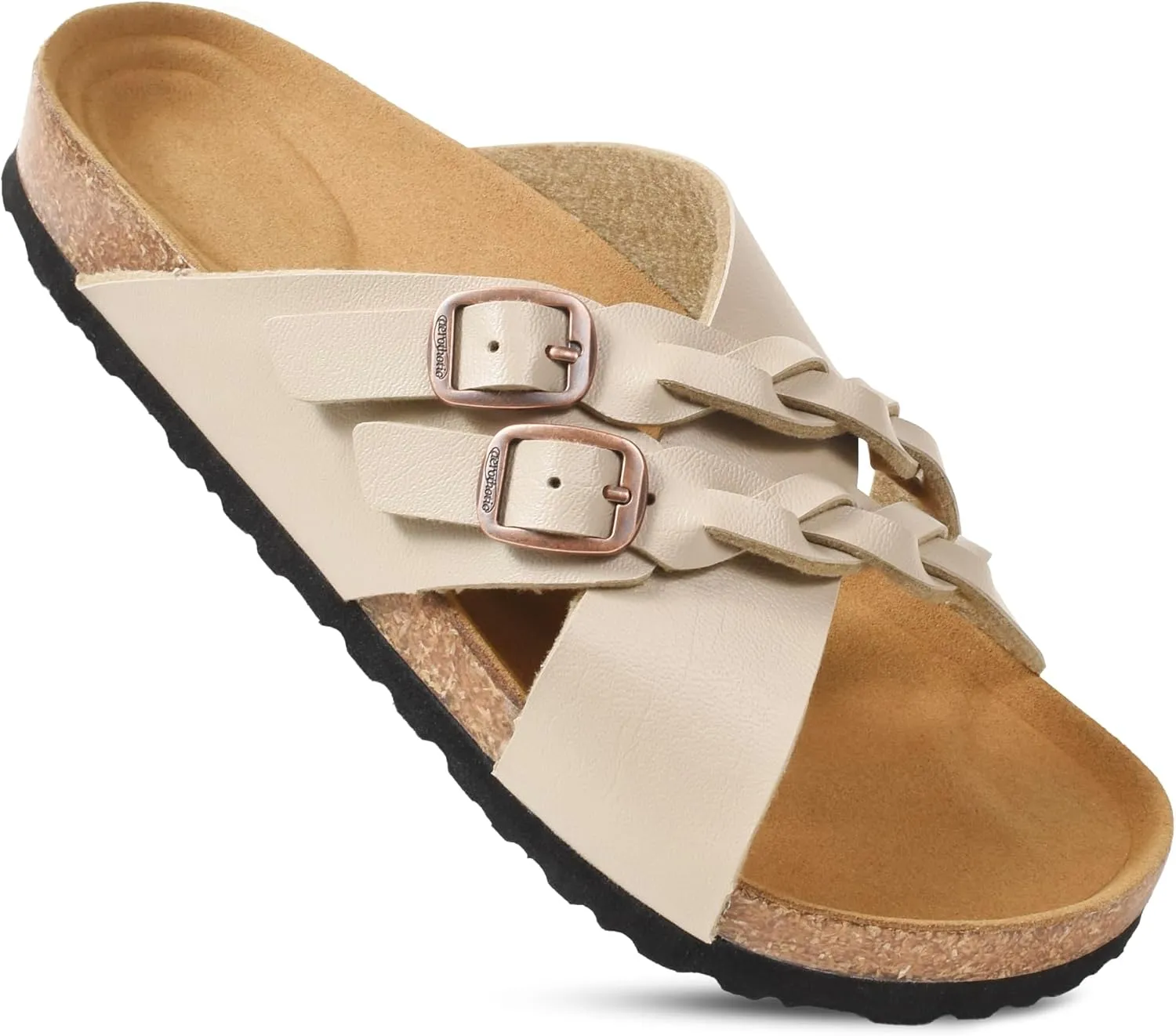 AEROTHOTIC Cork Recovery Slides for Women with Plantar Fasciitis Relief Comfortable Suede Footbed with Adjustable Buckle Cross Strappy Slip on Casual Travel Walking Beach Ladies Sandals