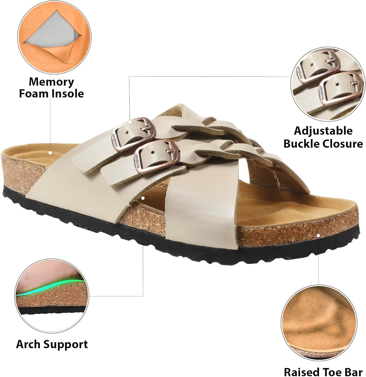 AEROTHOTIC Cork Recovery Slides for Women with Plantar Fasciitis Relief Comfortable Suede Footbed with Adjustable Buckle Cross Strappy Slip on Casual Travel Walking Beach Ladies Sandals