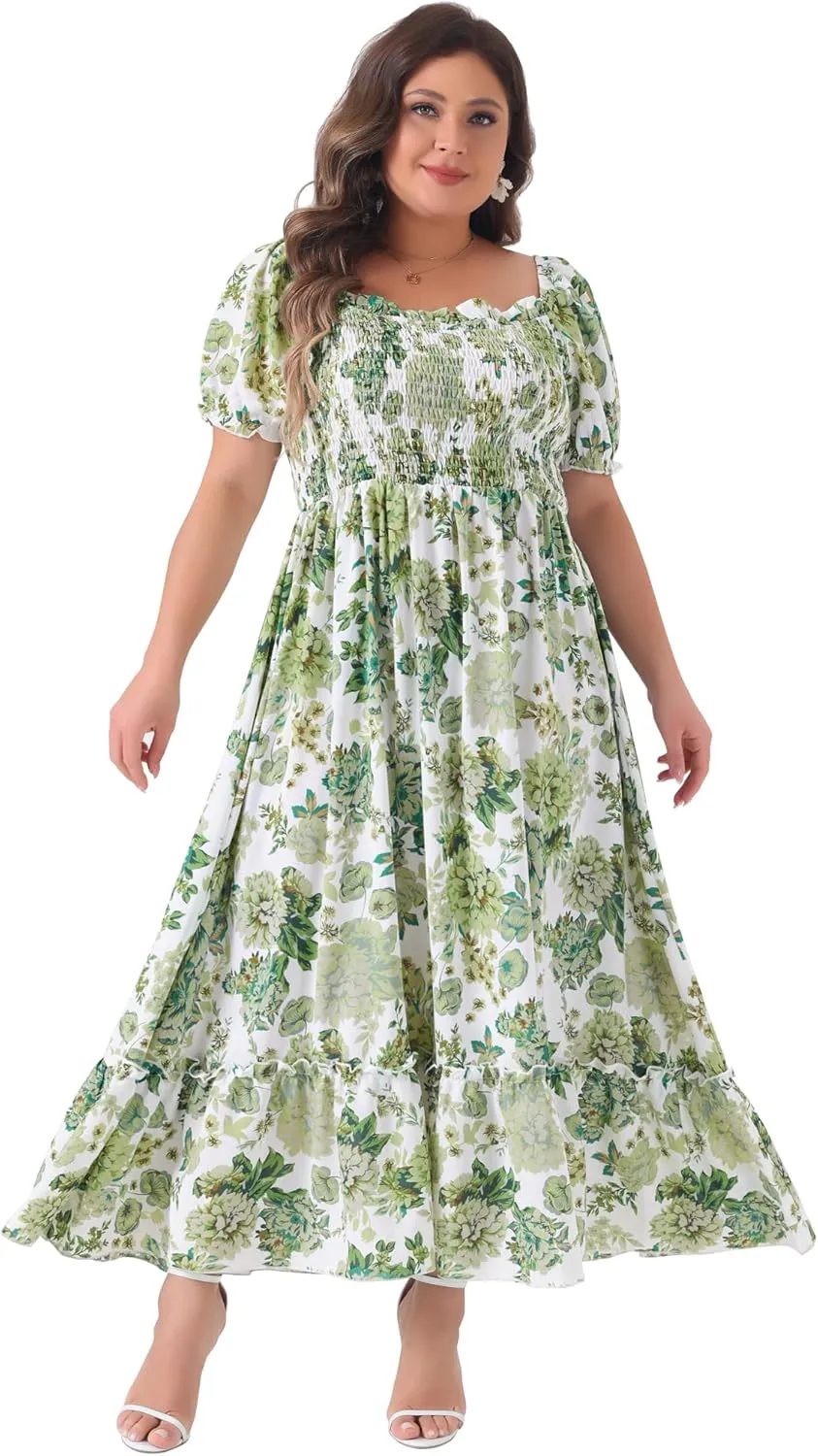 Agnes Orinda Plus Size Dress for Women Short Sleeve Shirred Square Neck Floral Maxi Long Dresses