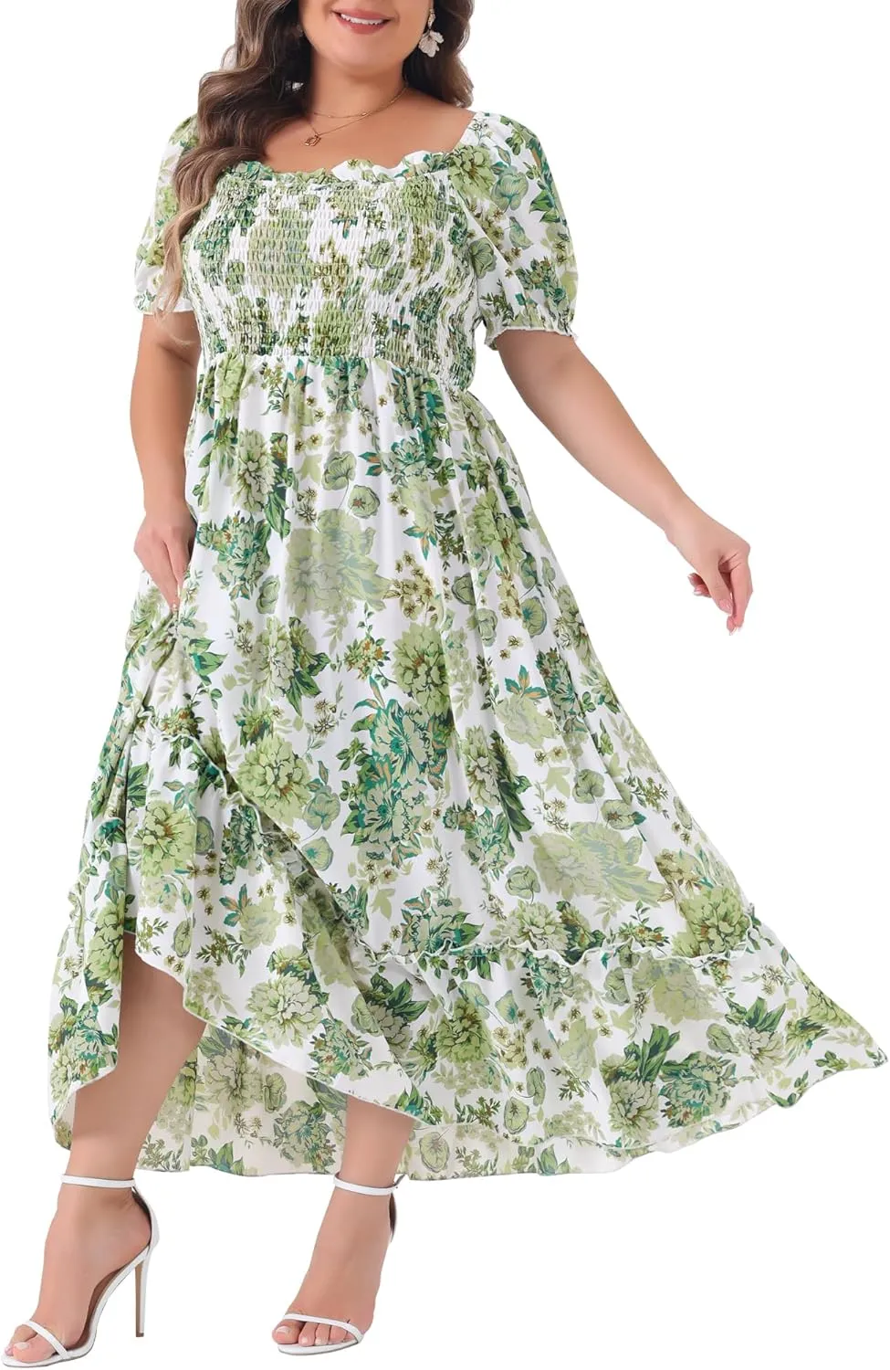 Agnes Orinda Plus Size Dress for Women Short Sleeve Shirred Square Neck Floral Maxi Long Dresses
