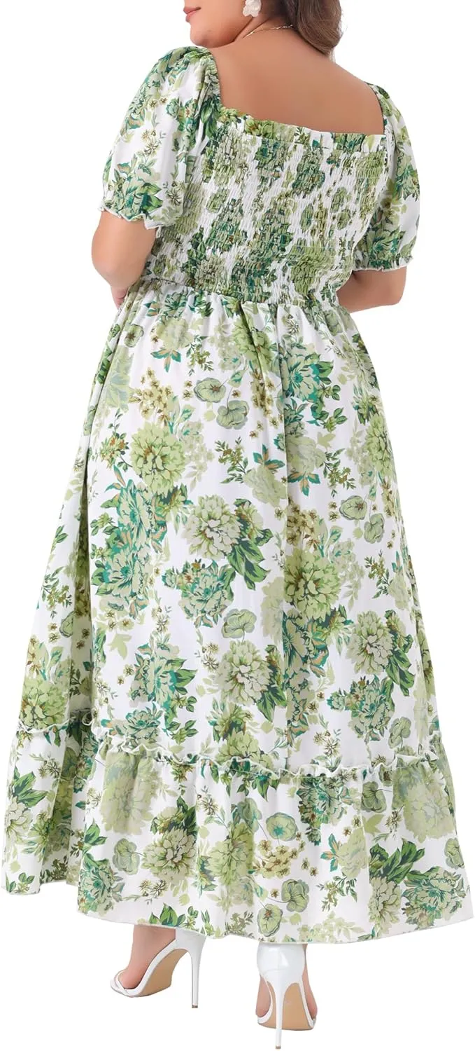 Agnes Orinda Plus Size Dress for Women Short Sleeve Shirred Square Neck Floral Maxi Long Dresses