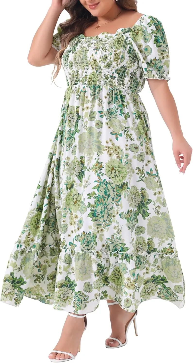 Agnes Orinda Plus Size Dress for Women Short Sleeve Shirred Square Neck Floral Maxi Long Dresses