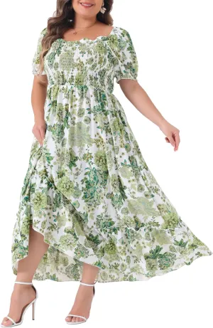 Agnes Orinda Plus Size Dress for Women Short Sleeve Shirred Square Neck Floral Maxi Long Dresses