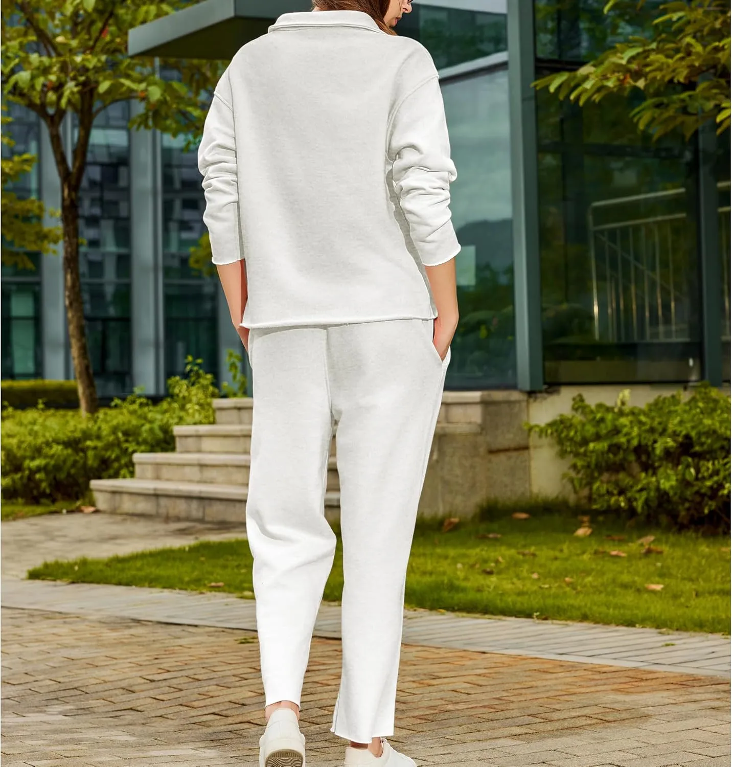 Ainangua Casual 2 Piece Sets for Women V Neck Long Sleeve Tops Wide Leg Pants Workout Outfits Fashion Carmel Travel Set