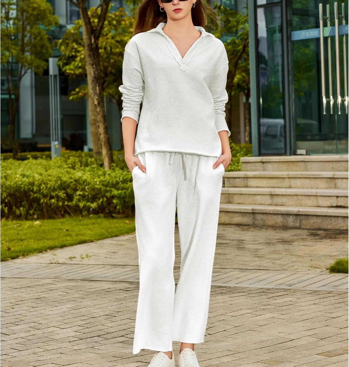 Ainangua Casual 2 Piece Sets for Women V Neck Long Sleeve Tops Wide Leg Pants Workout Outfits Fashion Carmel Travel Set