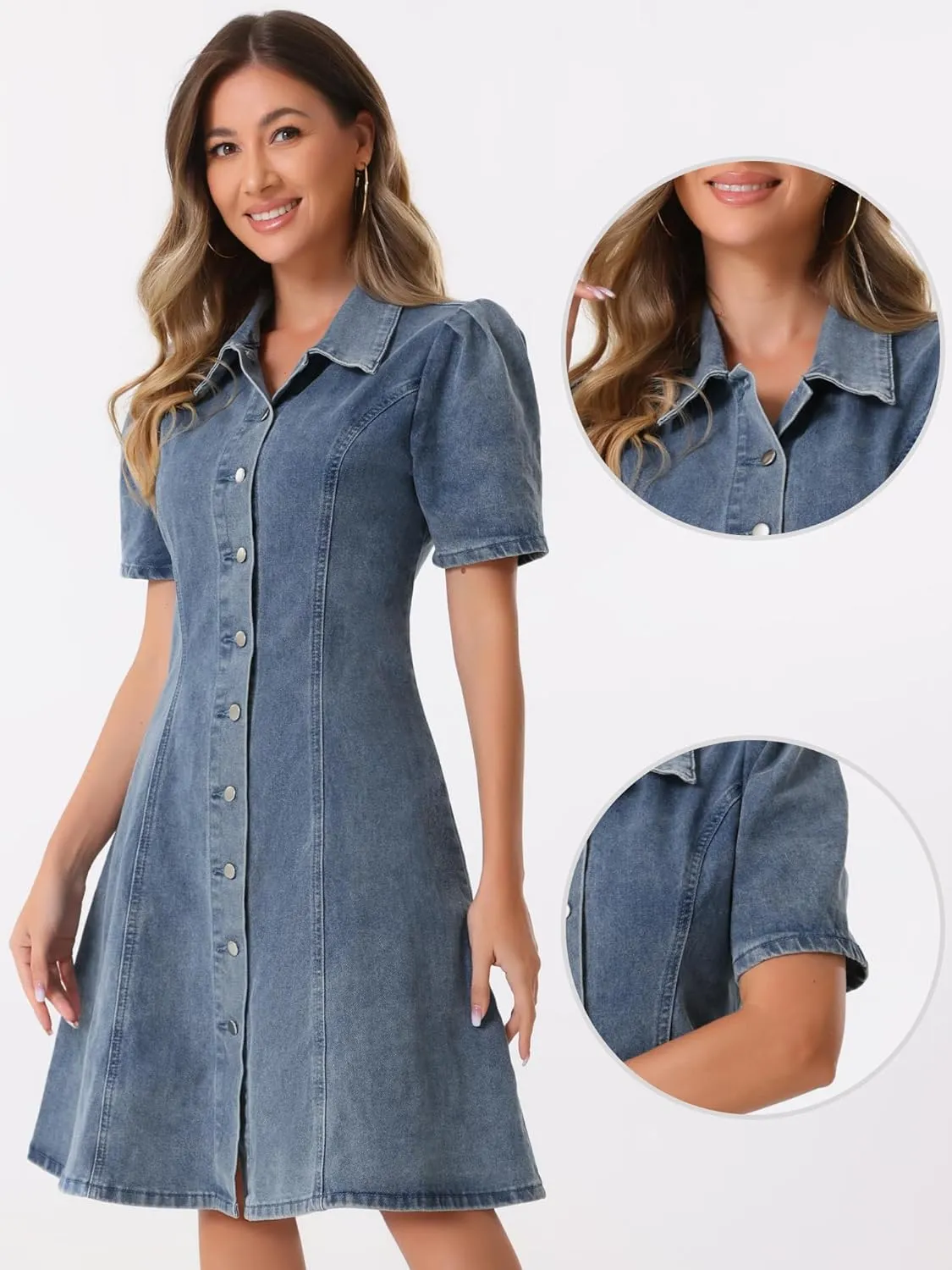 Allegra K Denim Dress for Women's Puff Sleeve Button Down Collared Jean A-Line Dress