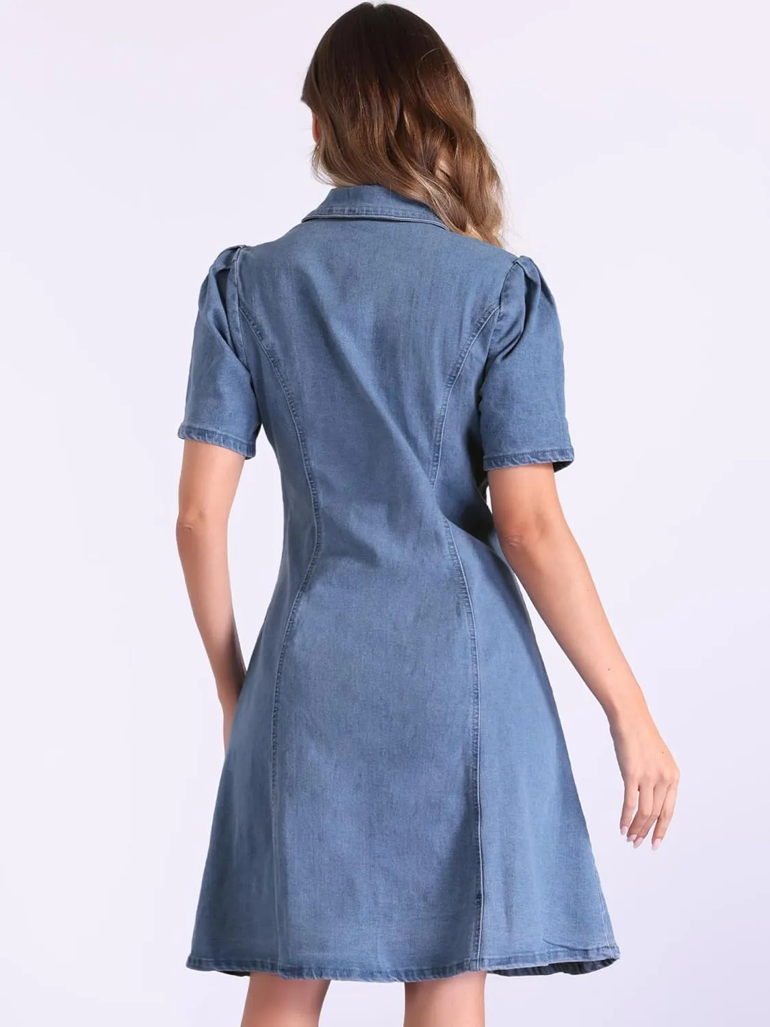 Allegra K Denim Dress for Women's Puff Sleeve Button Down Collared Jean A-Line Dress