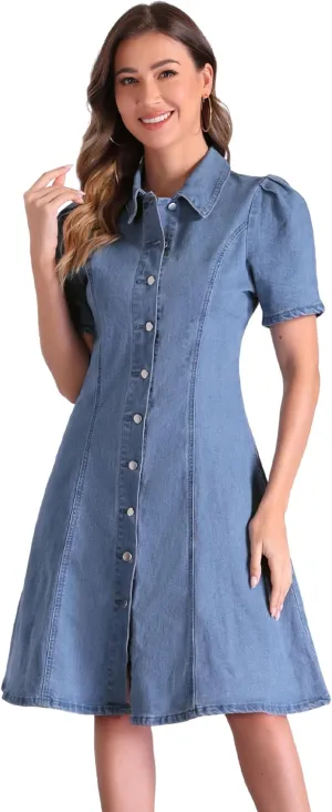 Allegra K Denim Dress for Women's Puff Sleeve Button Down Collared Jean A-Line Dress