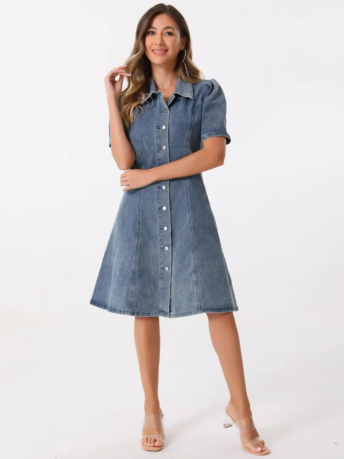 Allegra K Denim Dress for Women's Puff Sleeve Button Down Collared Jean A-Line Dress