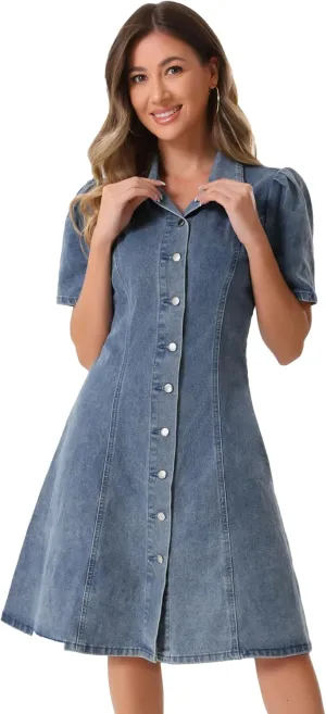 Allegra K Denim Dress for Women's Puff Sleeve Button Down Collared Jean A-Line Dress