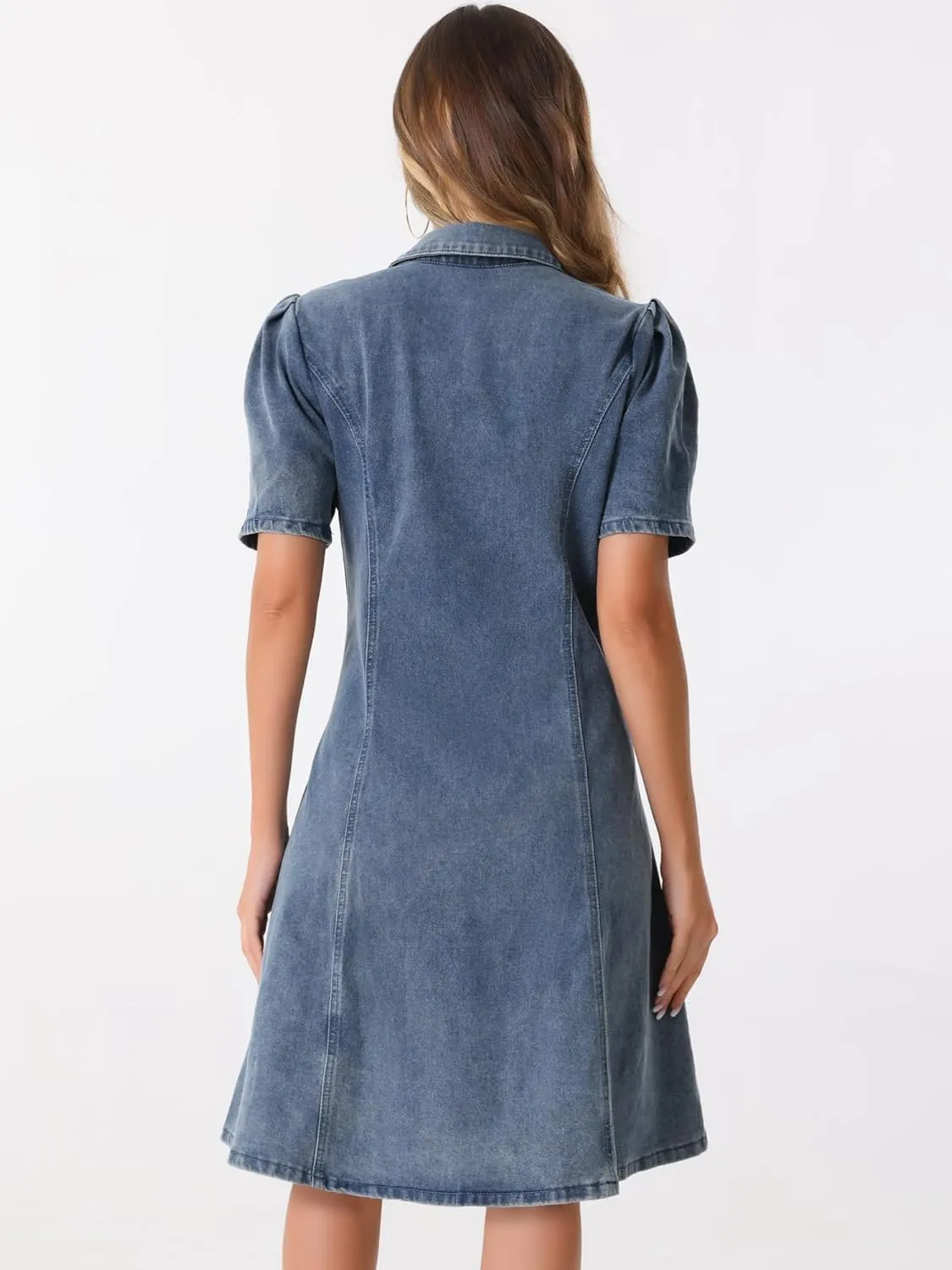 Allegra K Denim Dress for Women's Puff Sleeve Button Down Collared Jean A-Line Dress