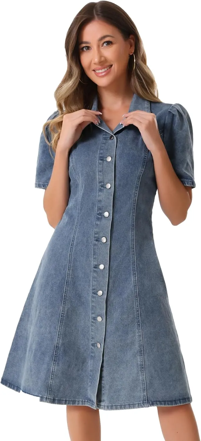 Allegra K Denim Dress for Women's Puff Sleeve Button Down Collared Jean A-Line Dress