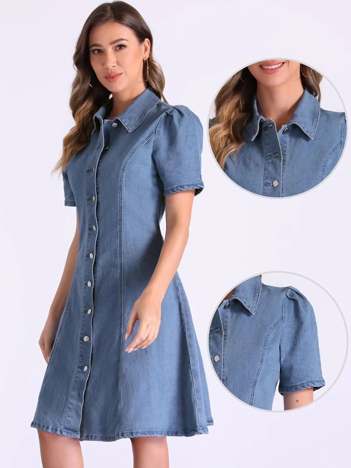 Allegra K Denim Dress for Women's Puff Sleeve Button Down Collared Jean A-Line Dress