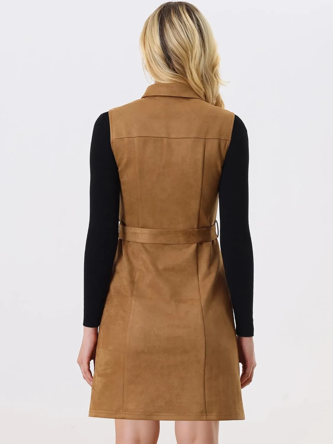 Allegra K Faux Suede Dress for Women's Turn Down Collar Sleeveless Belted Pinafore Overall Dress