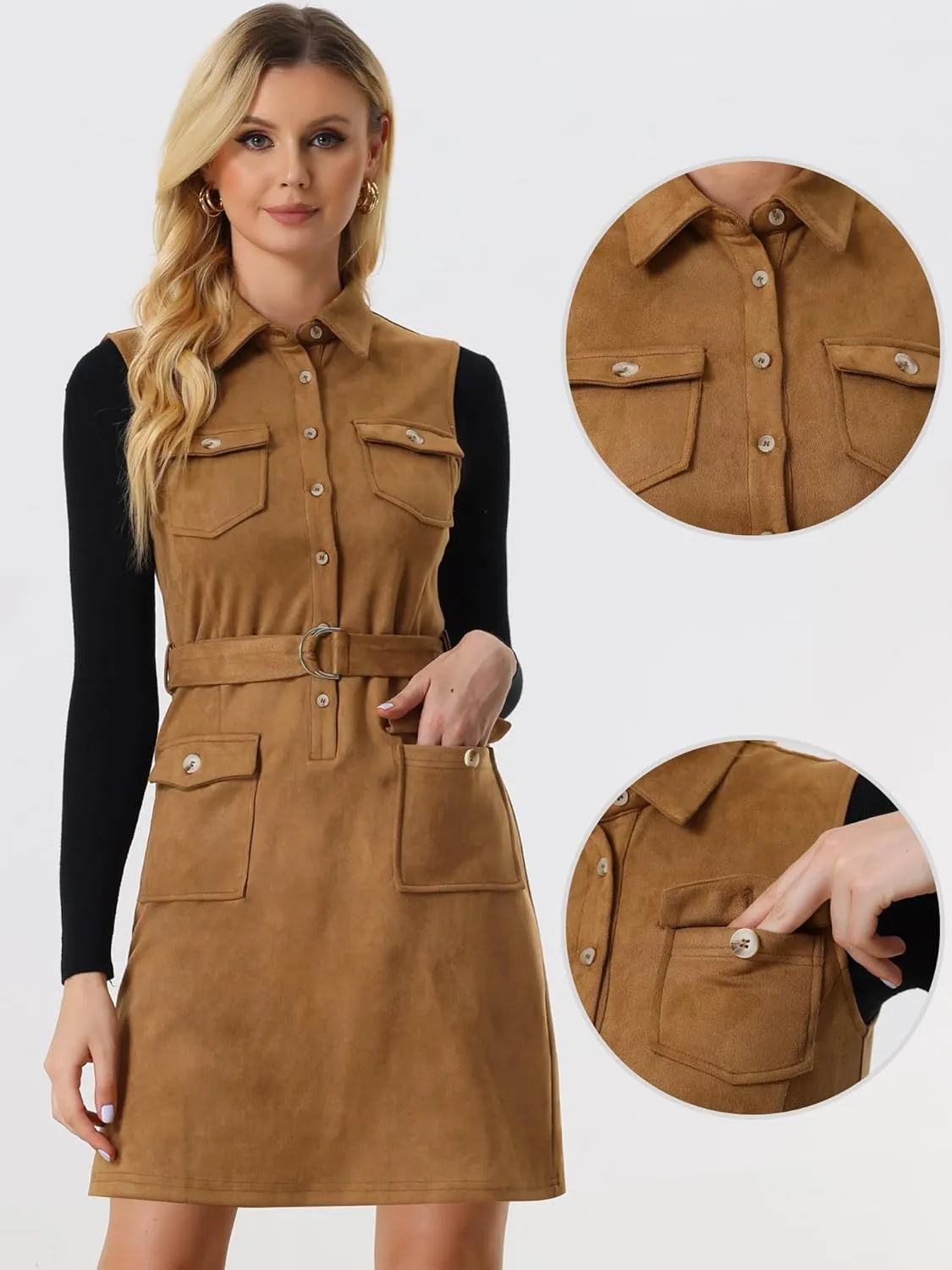 Allegra K Faux Suede Dress for Women's Turn Down Collar Sleeveless Belted Pinafore Overall Dress