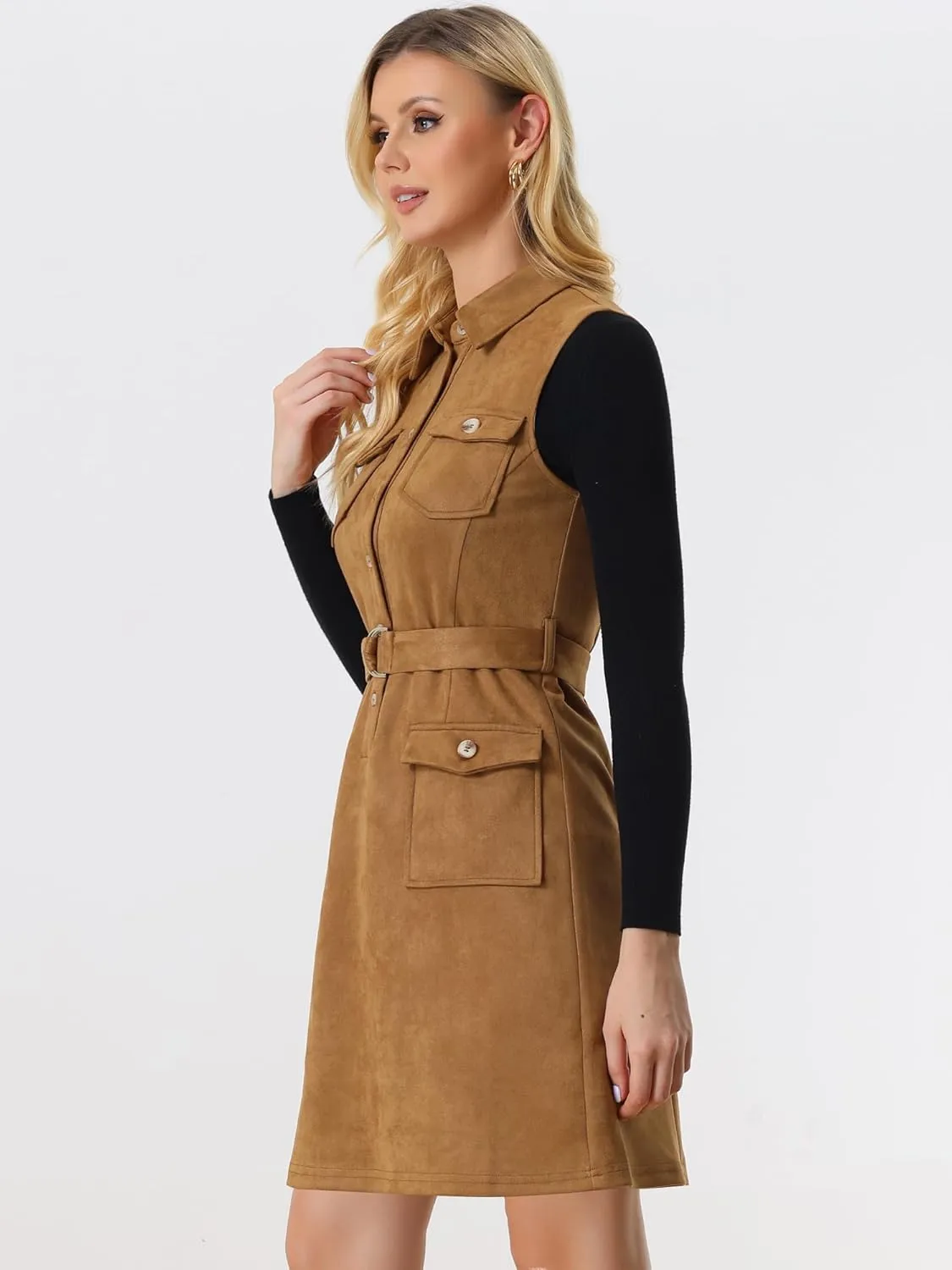Allegra K Faux Suede Dress for Women's Turn Down Collar Sleeveless Belted Pinafore Overall Dress