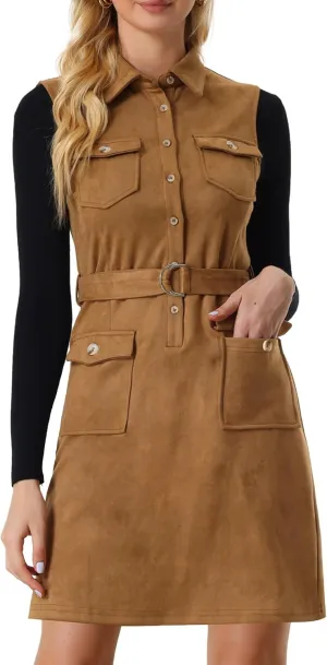 Allegra K Faux Suede Dress for Women's Turn Down Collar Sleeveless Belted Pinafore Overall Dress