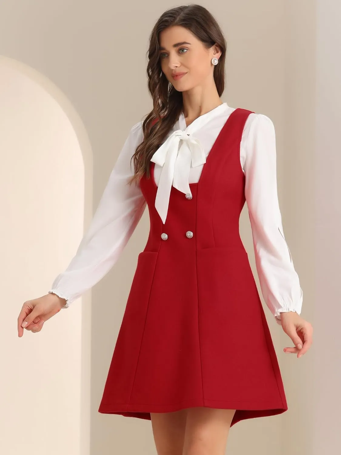 Allegra K Halloween Pinafore Dress for Women's Double Breasted Decor A-Line Overalls Dresses