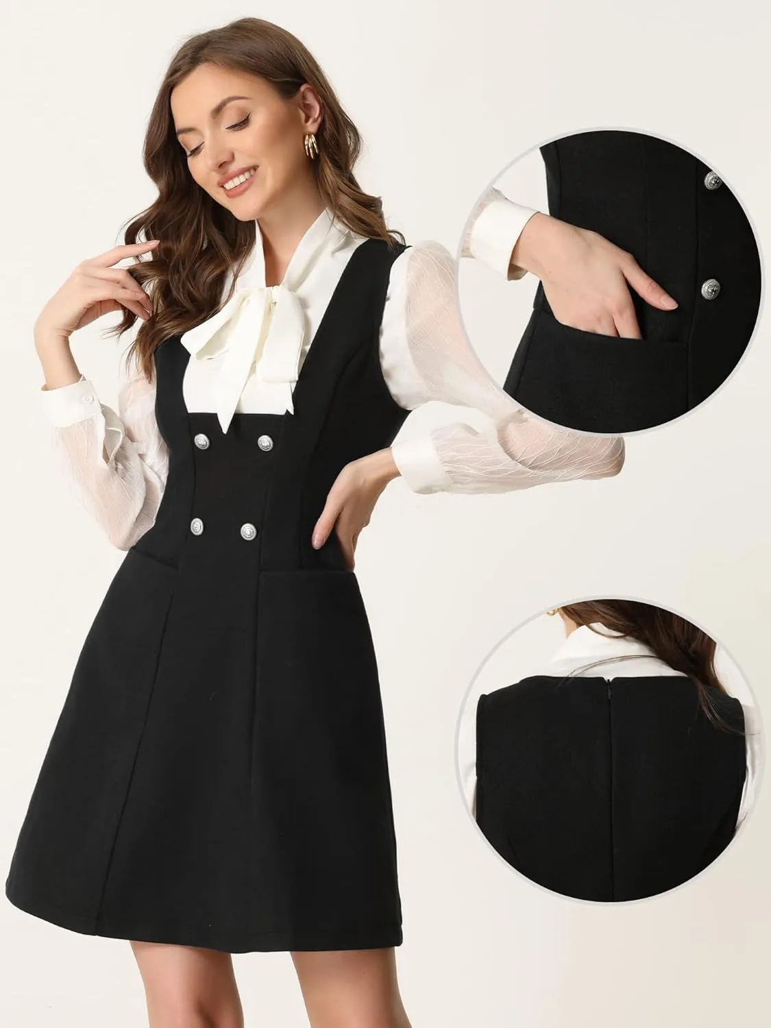 Allegra K Halloween Pinafore Dress for Women's Double Breasted Decor A-Line Overalls Dresses