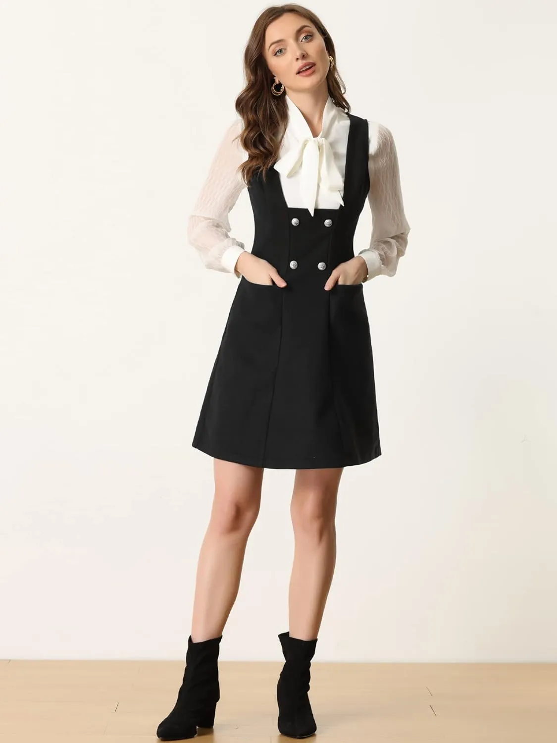 Allegra K Halloween Pinafore Dress for Women's Double Breasted Decor A-Line Overalls Dresses